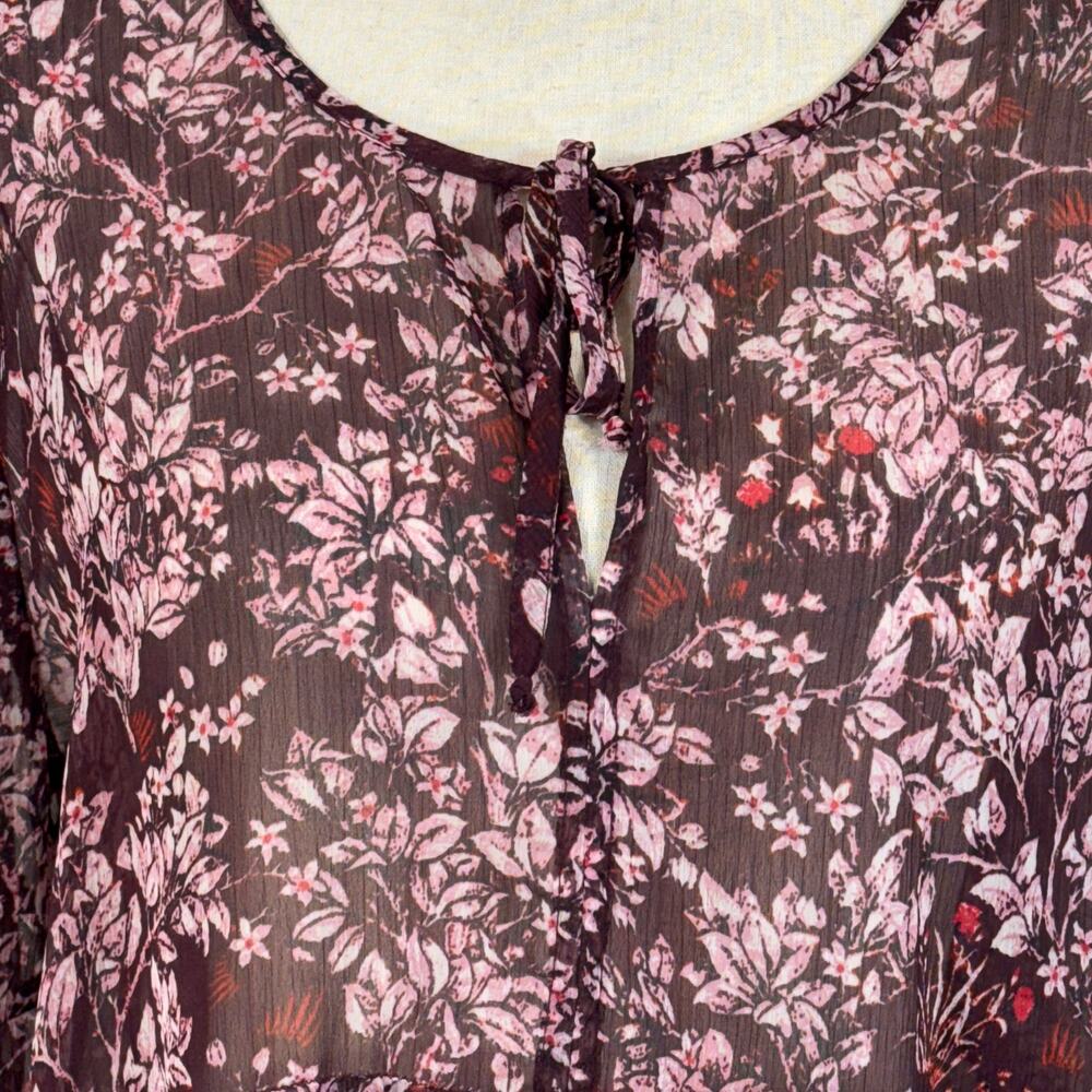 Lucky Brand Large Top Floral Semi-Sheer Keyhole Ruffled Tiers Long Bell Sleeves - Picture 2 of 11